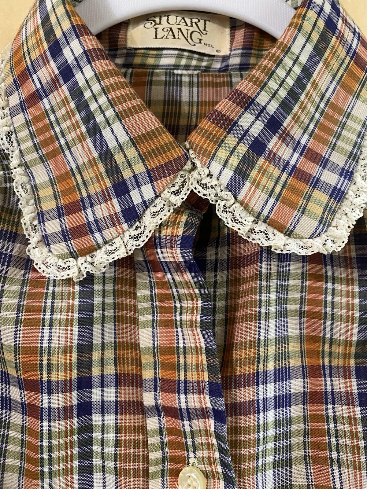 Vintage 70s/80s Stuart Lang Women’s Plaid Lace Collar Blouse Sz.S