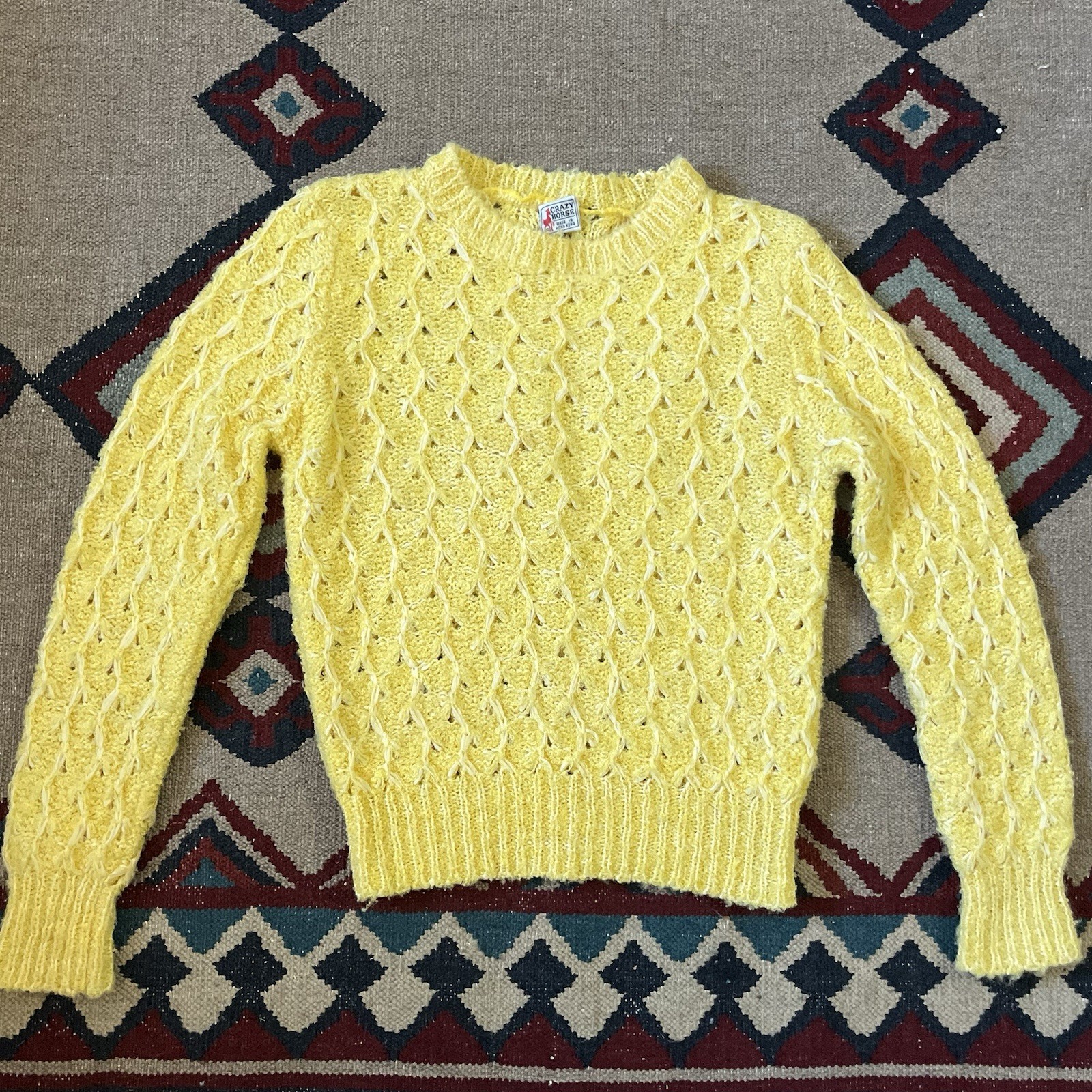 Vintage 70s Crazy Horse Knit Sweater Women’s Small Yellow Acrylic Pullover