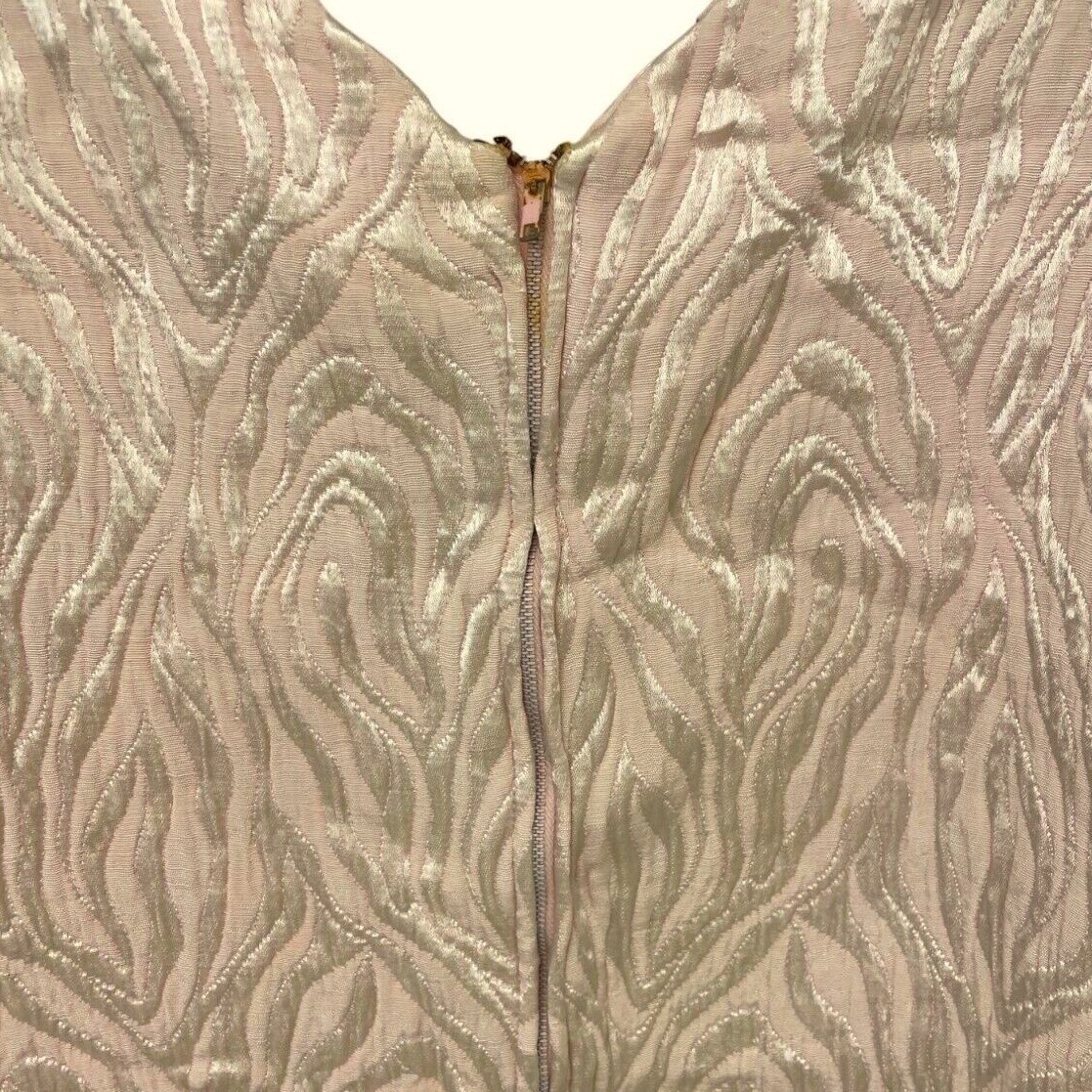 Vtg 60s Feather Cuff Brocade MOD Mini Cocktail Dress Buttons Small MCM Madmen