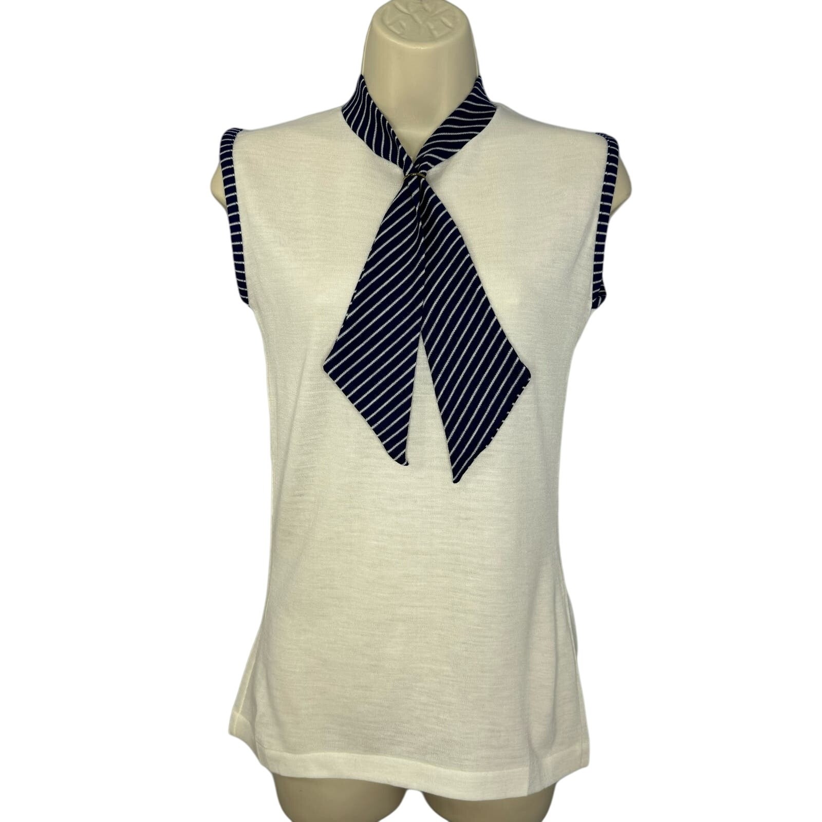 HELEN SUE 70s Vintage Nautical Collar Tie Neck Blouse Sleeveless Deadstock EU 36