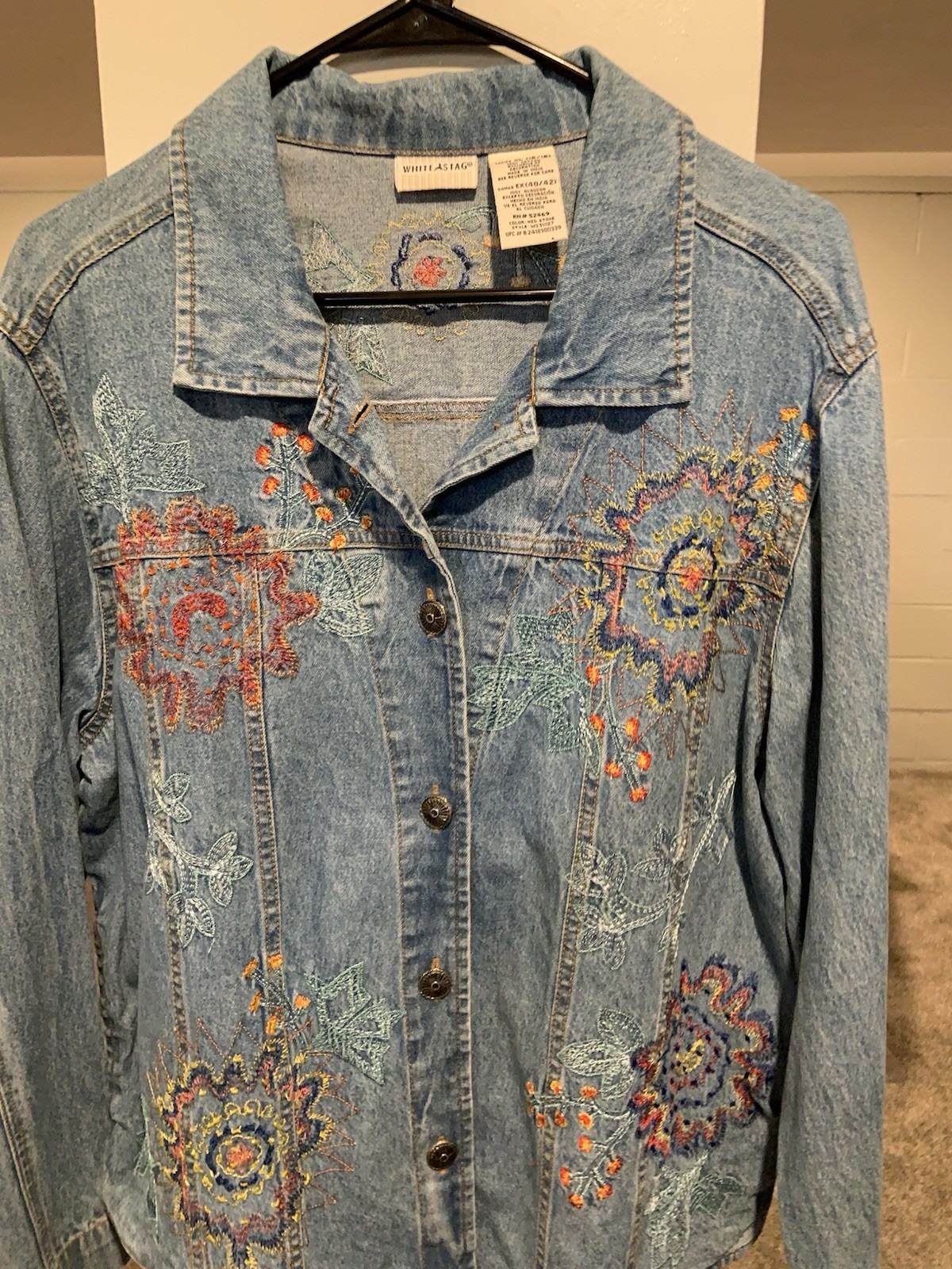 Embroidered Denim (jean) faded blue Jacket By White Stag. Vintage
