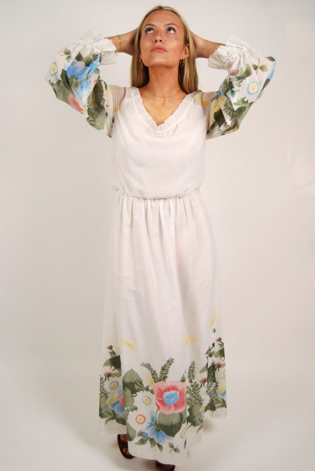 70s Off Shoulder Dress (M) medium white floral vintage boho hippy bell sleeve