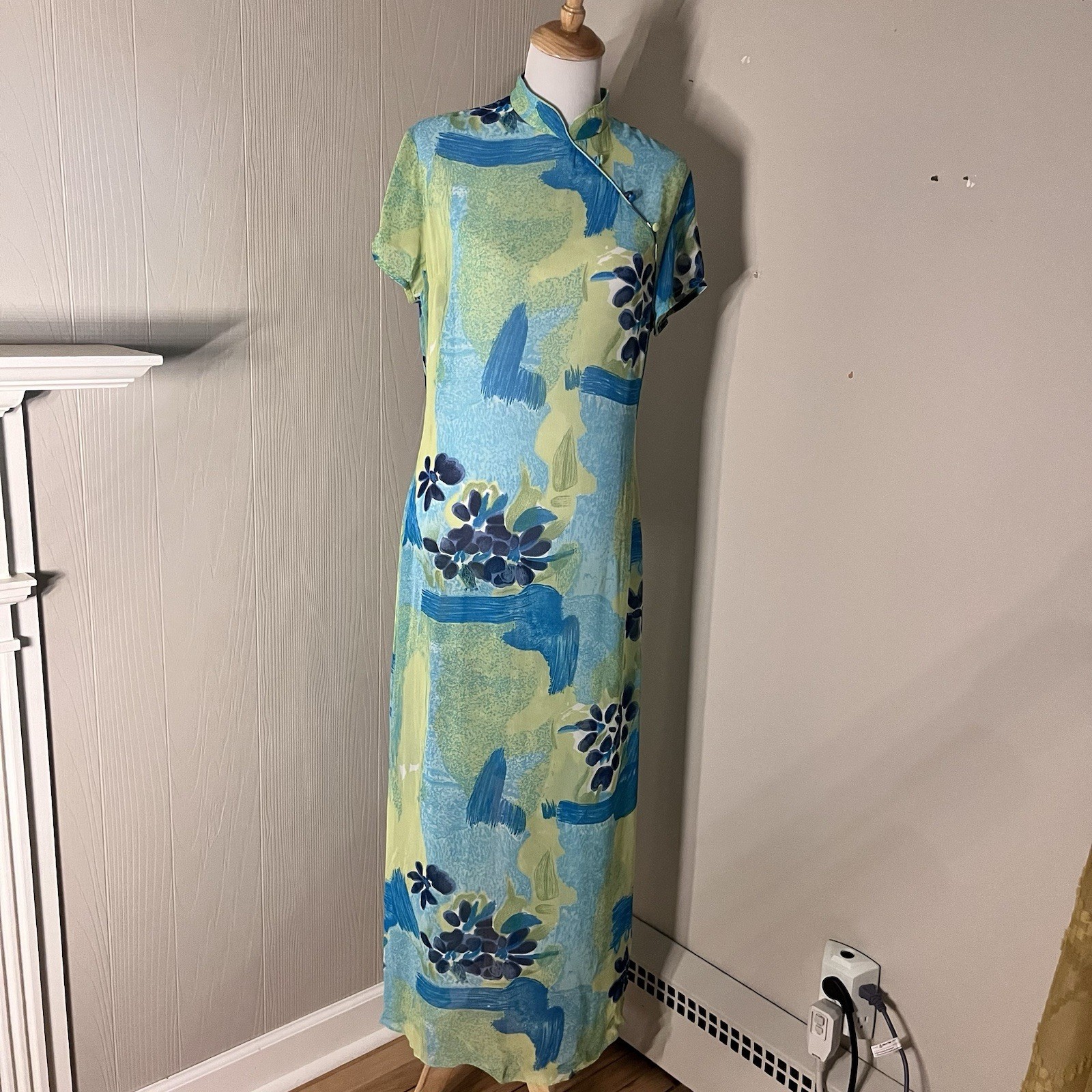 Joseph Ribkoff maxi Sheer Dress 12 Blue Green Vintage Retro Hawaiian Oriental