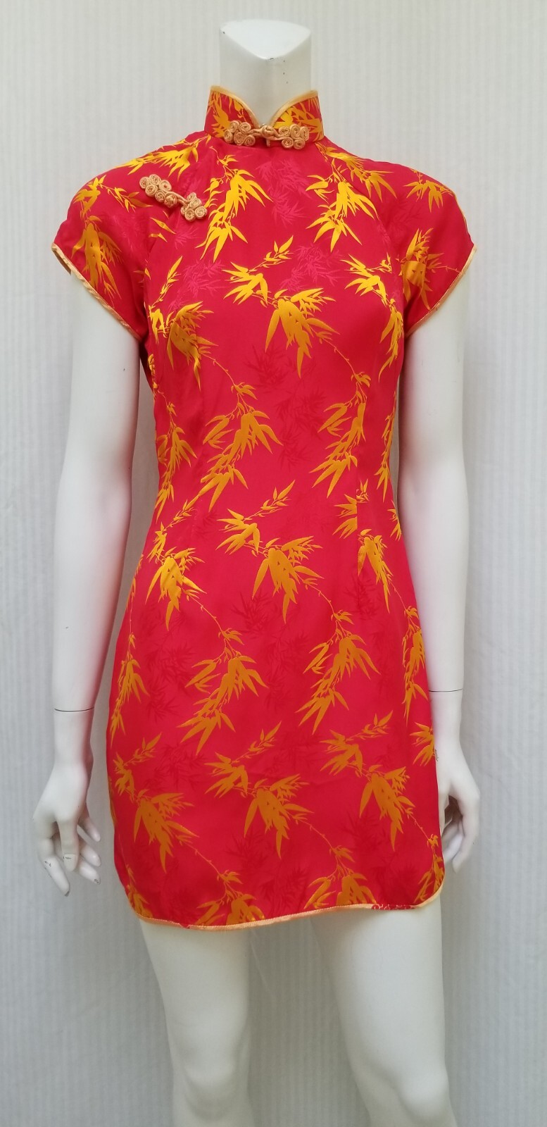 Vintage Red Yellow Satin Bamboo Jacquard Cheongsam Mini DRESS – Size S – EUC