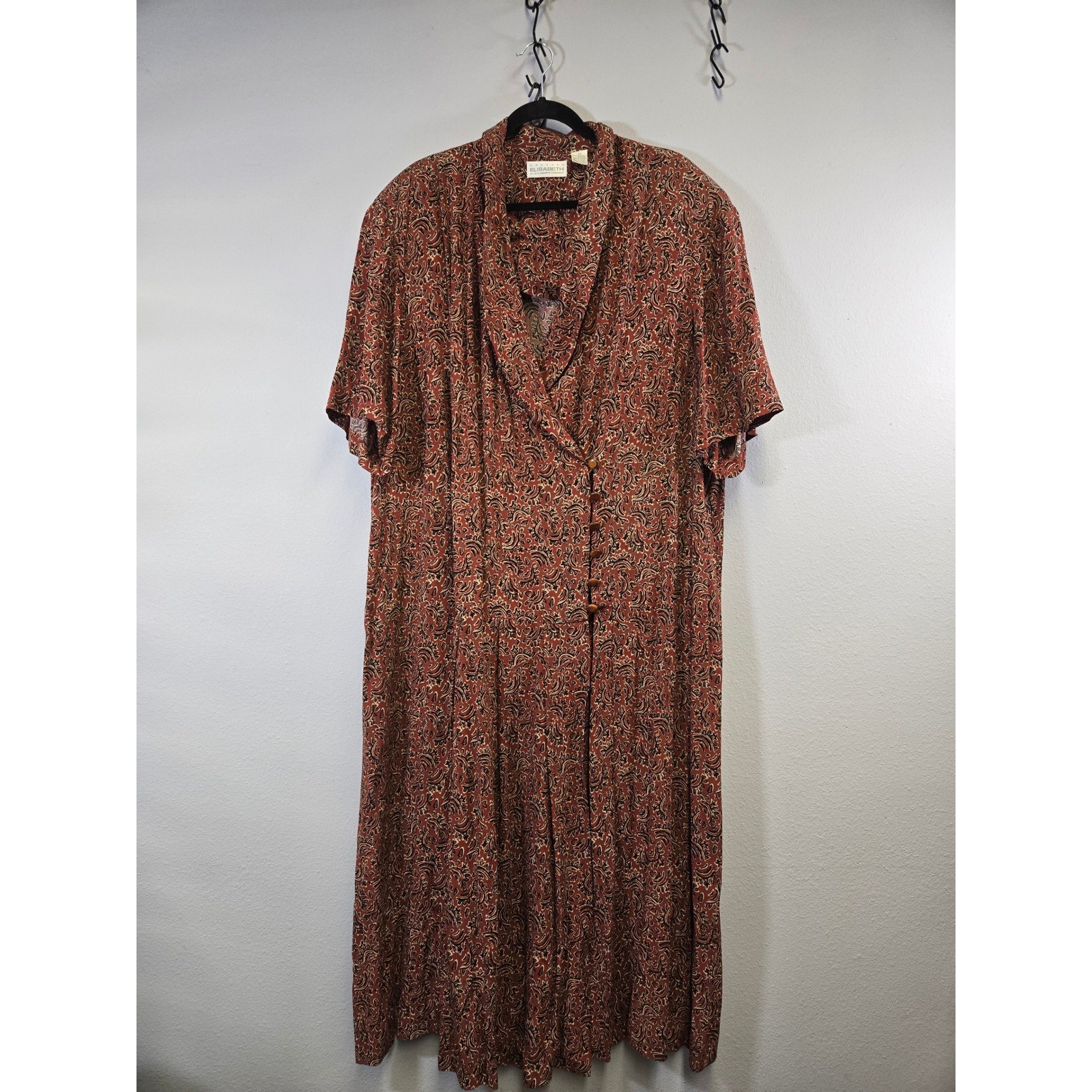 Elisabeth Vintage Paisley Boho Button Front Short Sleeve Midi Dress Size 22