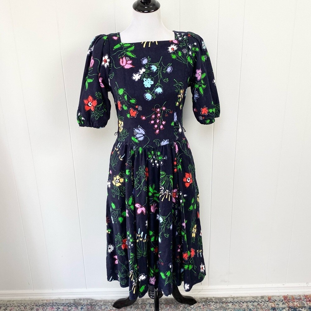 Vintage 80s Petites by Willi Navy Blue Floral Puff Sleeve Dress Size 4
