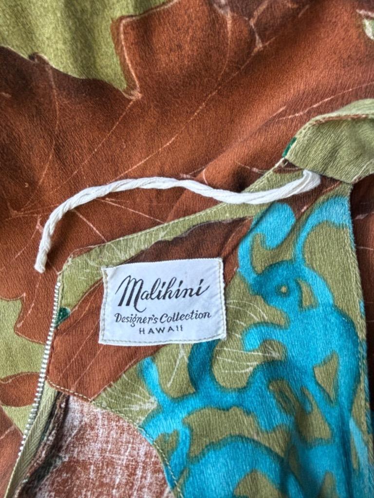 Malahini Hawaii Sheath Aloha Dress Trumpet Flared Ruffle Hem Tropical Barkcloth