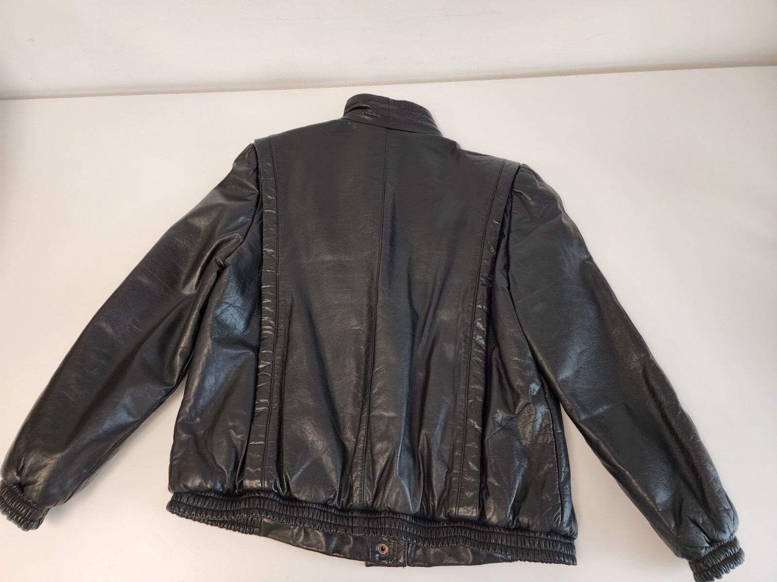 Vintage Womens Black Leather Jacket Bomber Full Zip Elastic Waist Size 13/14