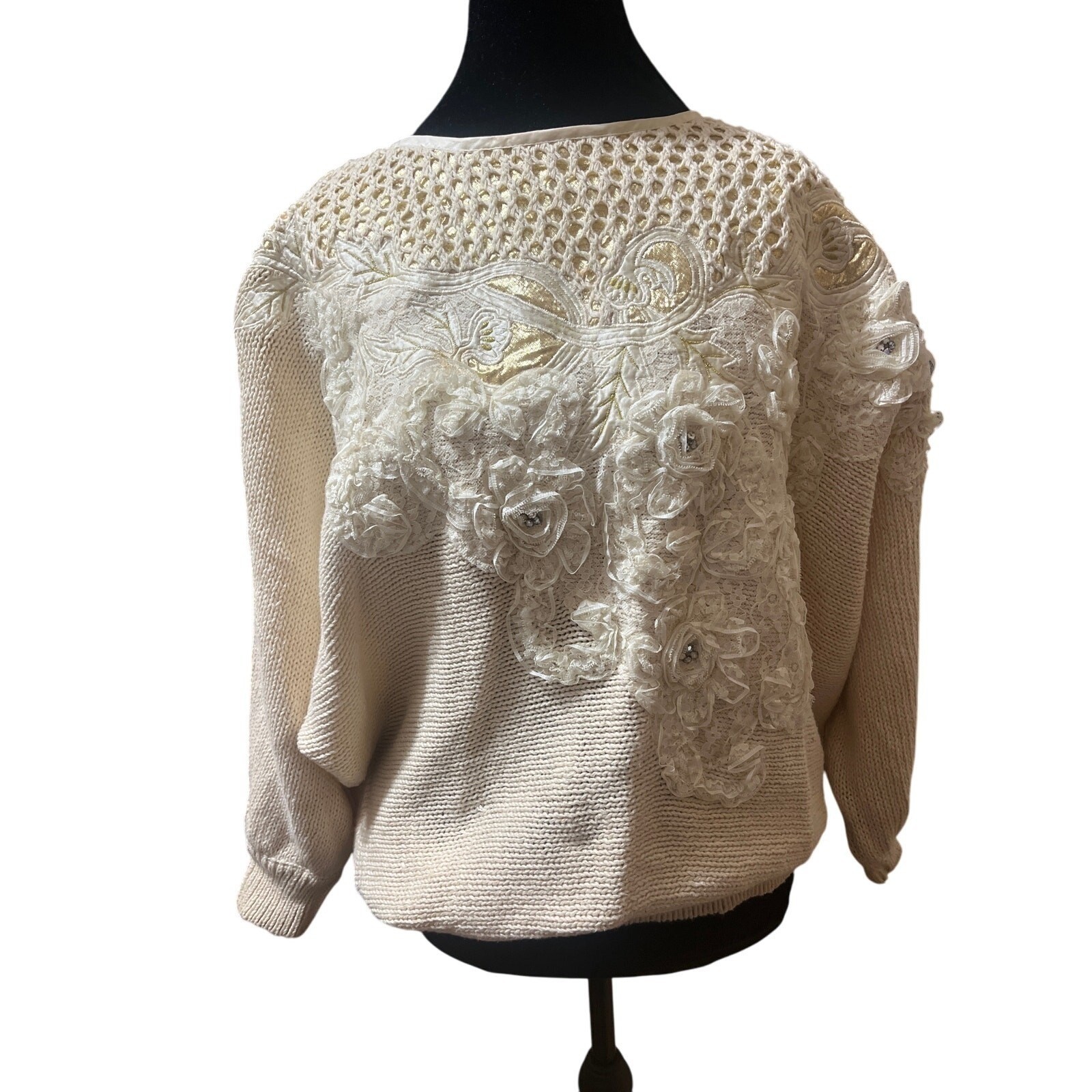 Bonnie Boerer L VTG 80s Cream Gold 3D Floral Roses Lace Appliqué Knit Sweater