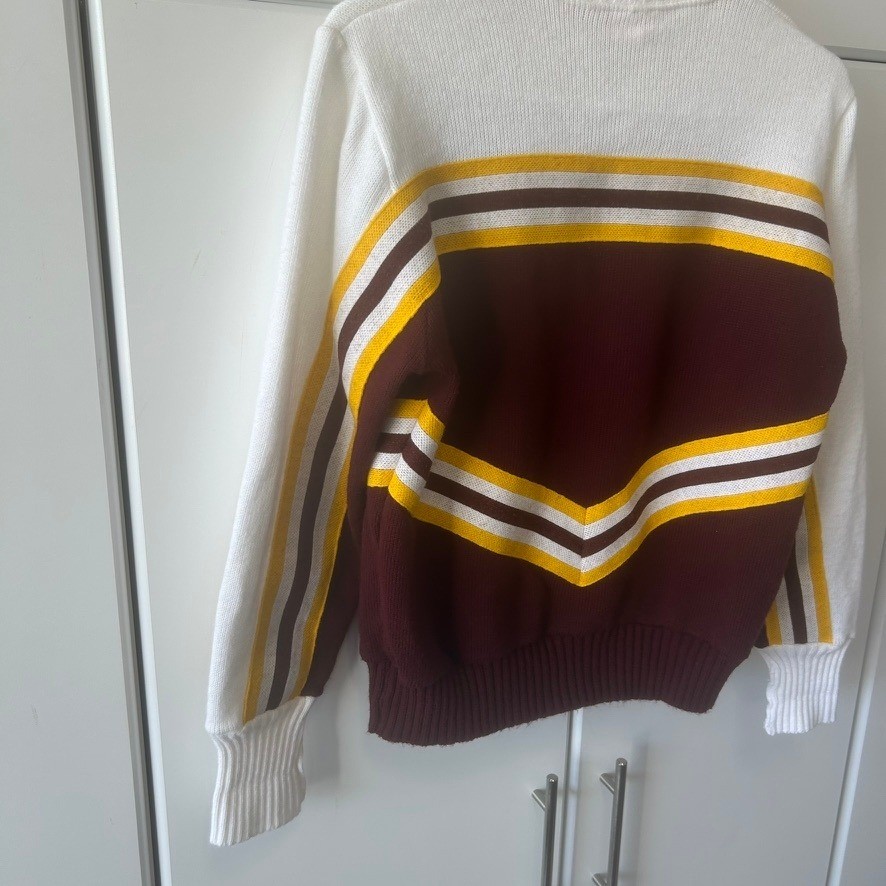 Vintage Hatchers Mfg RHS Cheerleader Sweater Maroon Gold White Stripe Large USA