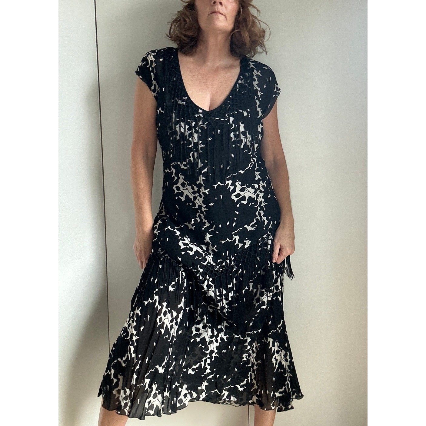 VTG 90s Sheer Black Floral Fringe Neckline Bias Cut Fairy Midi Dress Piano Shaw