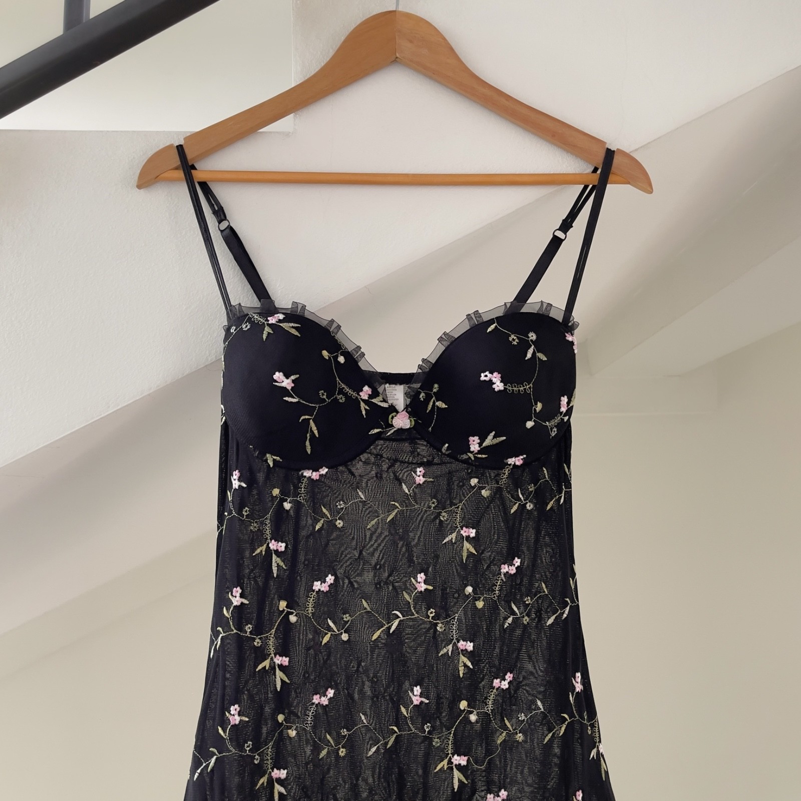 Romantic Y2K Black Floral Embroidered Semi-Sheer Mesh Slip Dress (M–L)