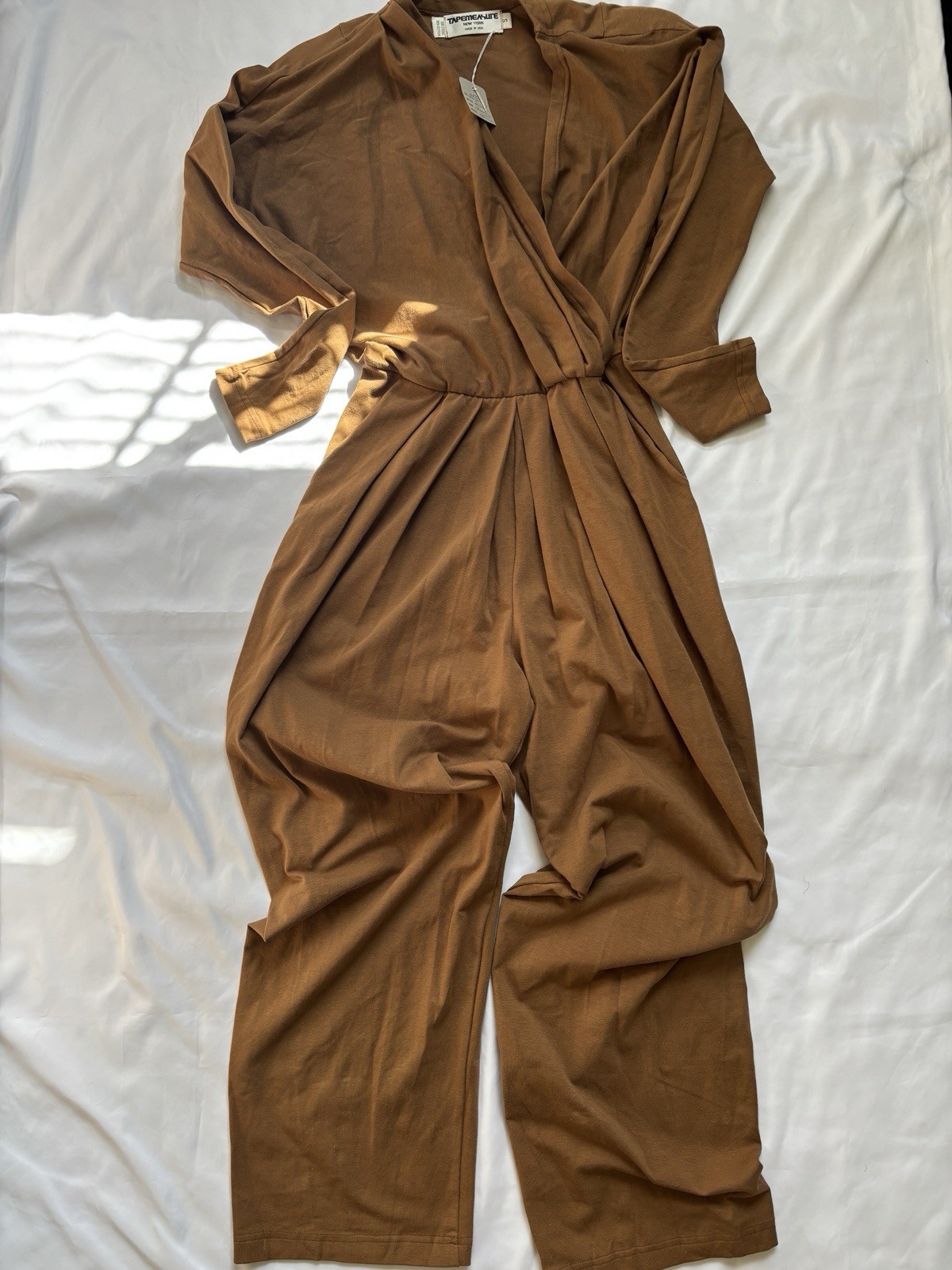 Vtg Wrap Jumpsuit Sz S USA Made Long Sleeves Pockets Cotton Elastic Waist Romper