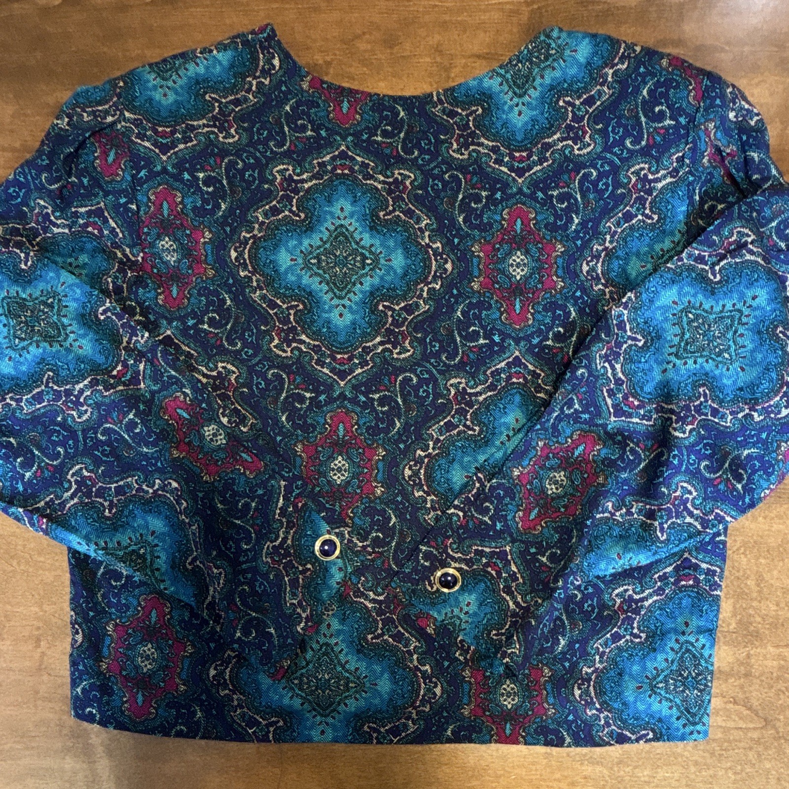 Vintage 80s Jewel Tone Baroque Paisley Blouse Gold Button Top Size 10 M