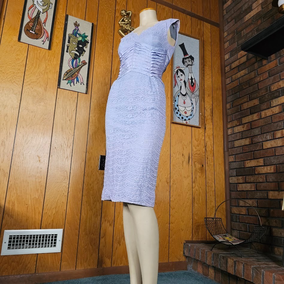 Vtg 50s Lavender Lace Sheath Wiggle Pencil Cocktail Party Cummerbund Dress XS