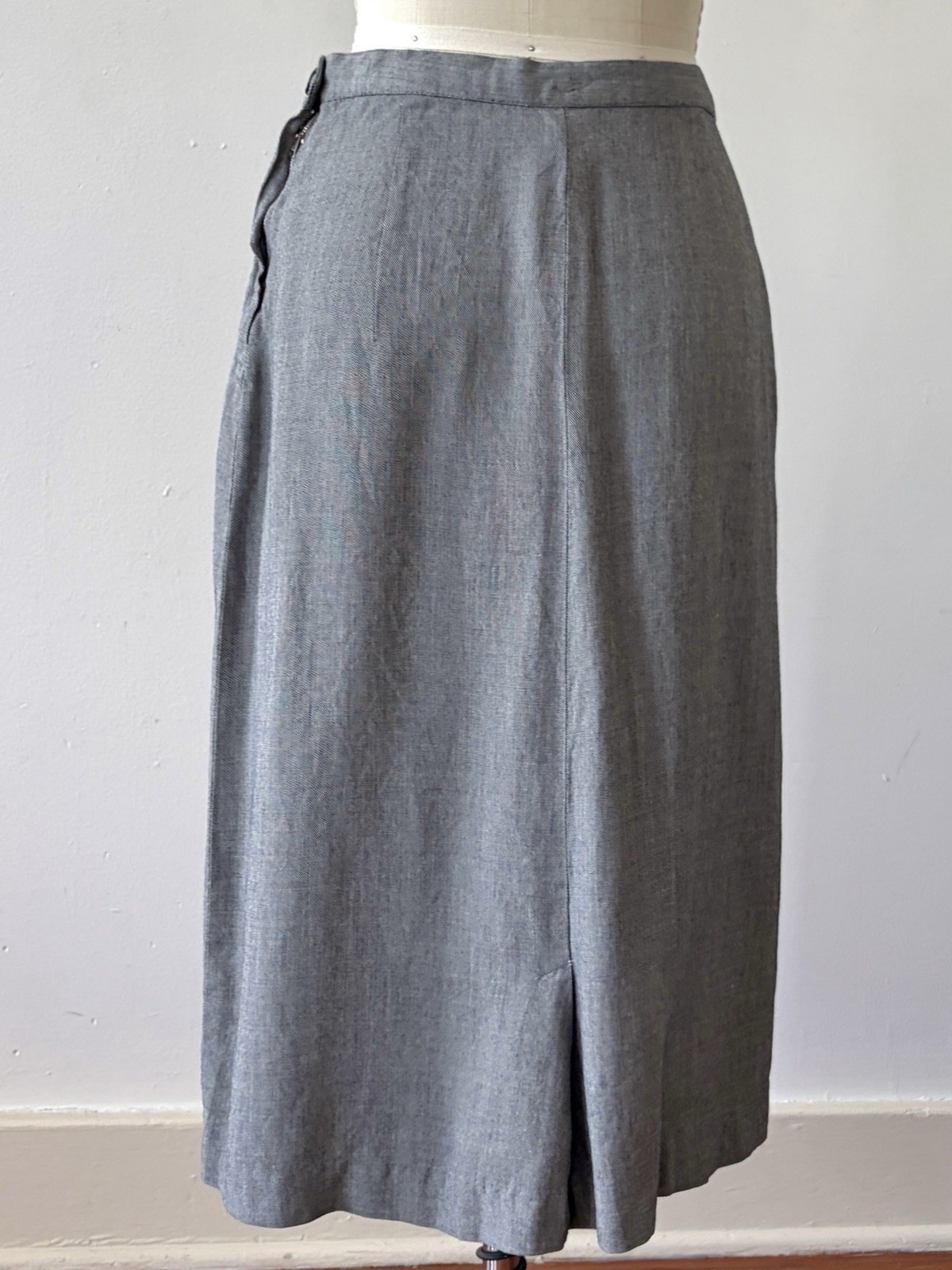 1940s 50s Grey Micro Herringbone Twill A-Line Midi Skirt Rayon Metal Side Zip S