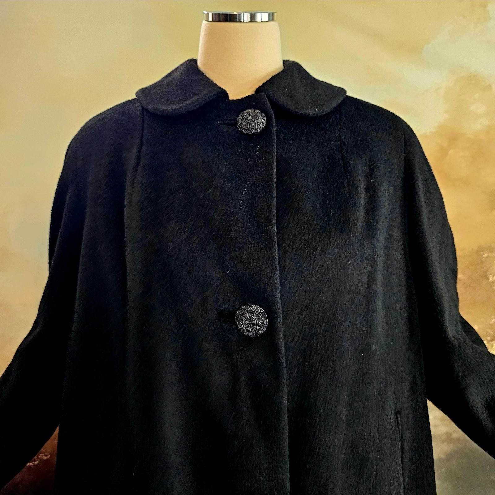 Vintage 1950s Swing Coat Jacket Black Wool Collar Buttons Pinup Rockabilly