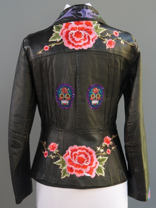 VTG Black Leather Jacket Mexican Day Of The Dead Applique Hand Painted S M