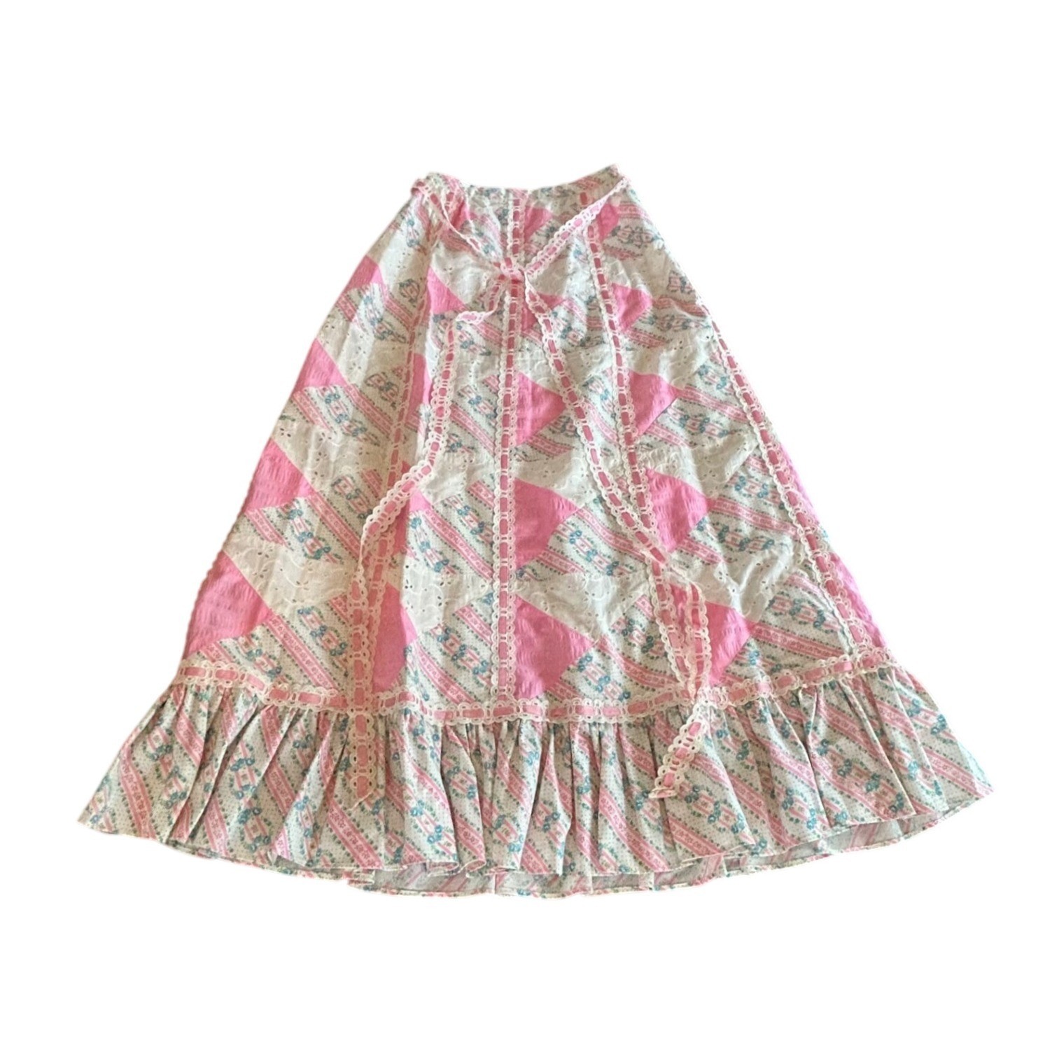 Vintage Mountain Artisan Patchwork Maxi Skirt Pink Floral Eyelet 70s Cottagecore
