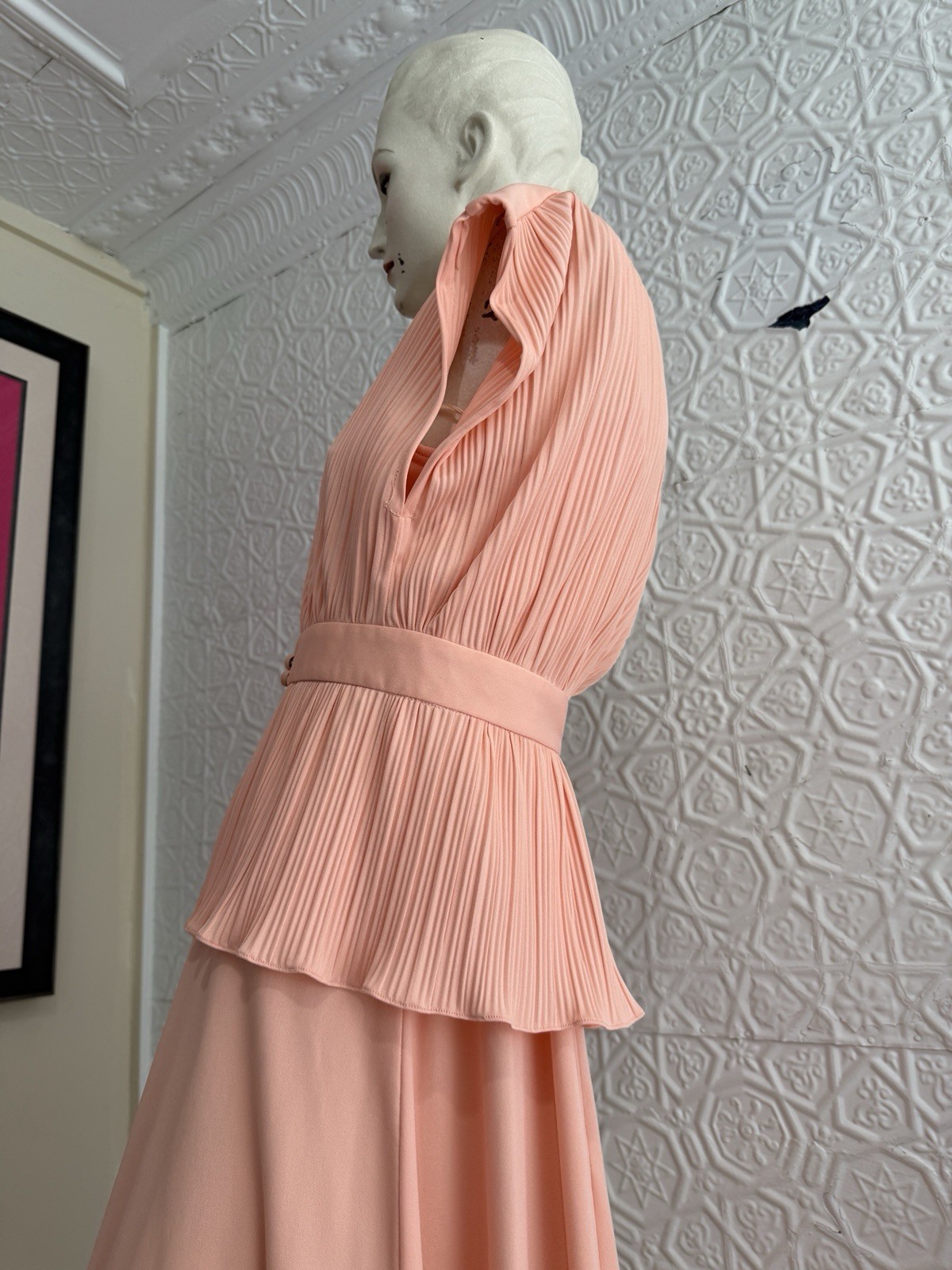 vintage 1970s peach gown-Prom-Party-Bridal-S/M orange maxi dress Femme pink