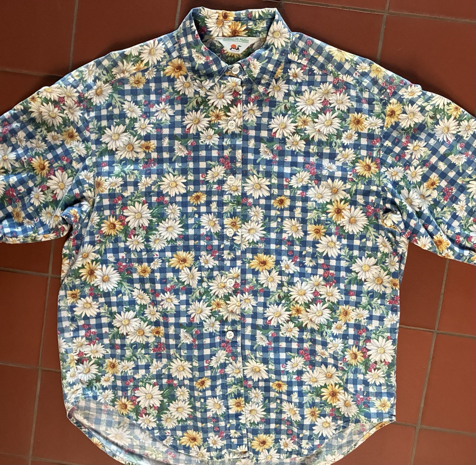Vintage 80s Andrew McMullan Gingham Daisy Print Button Up Short Sleeve M USA