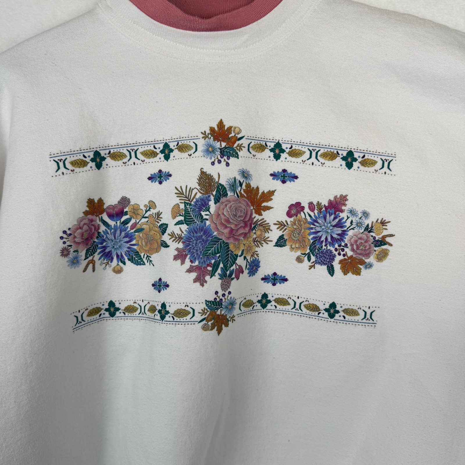 Vintage Top Stitch Morning Sun Sweatshirt Womens XL White Floral Embroidered 90s
