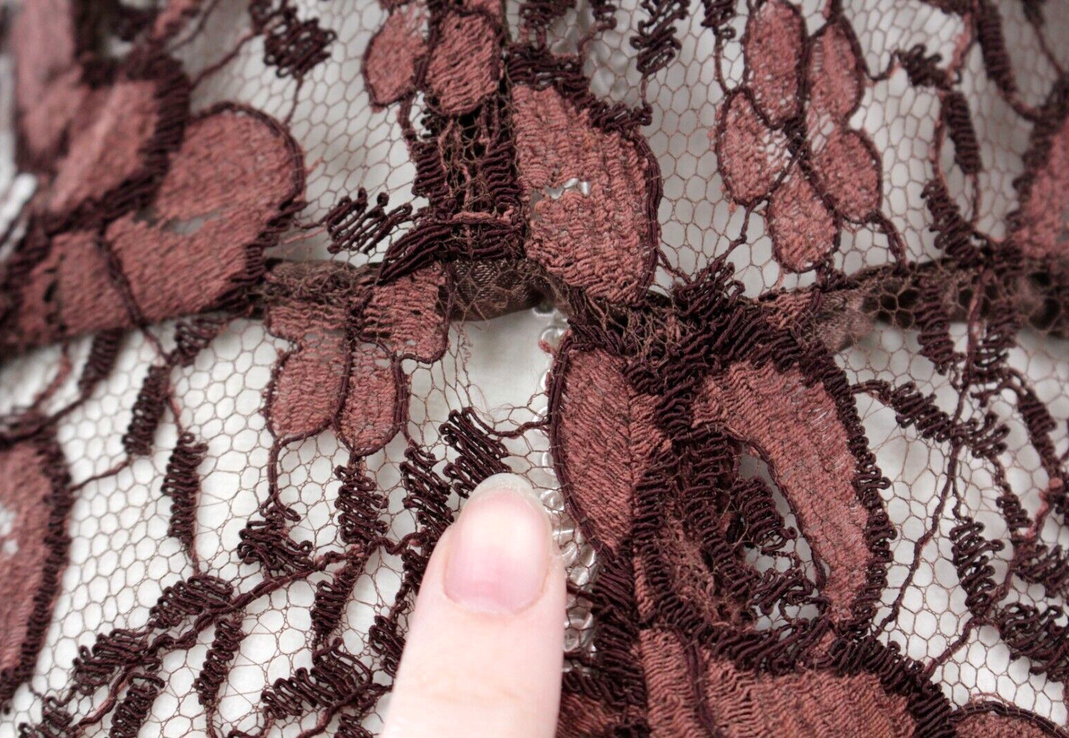 VTG Women’s 30s Brown Floral Lace Maxi Dress W/ Tulle Trim Skirt Sz S/M 1930s