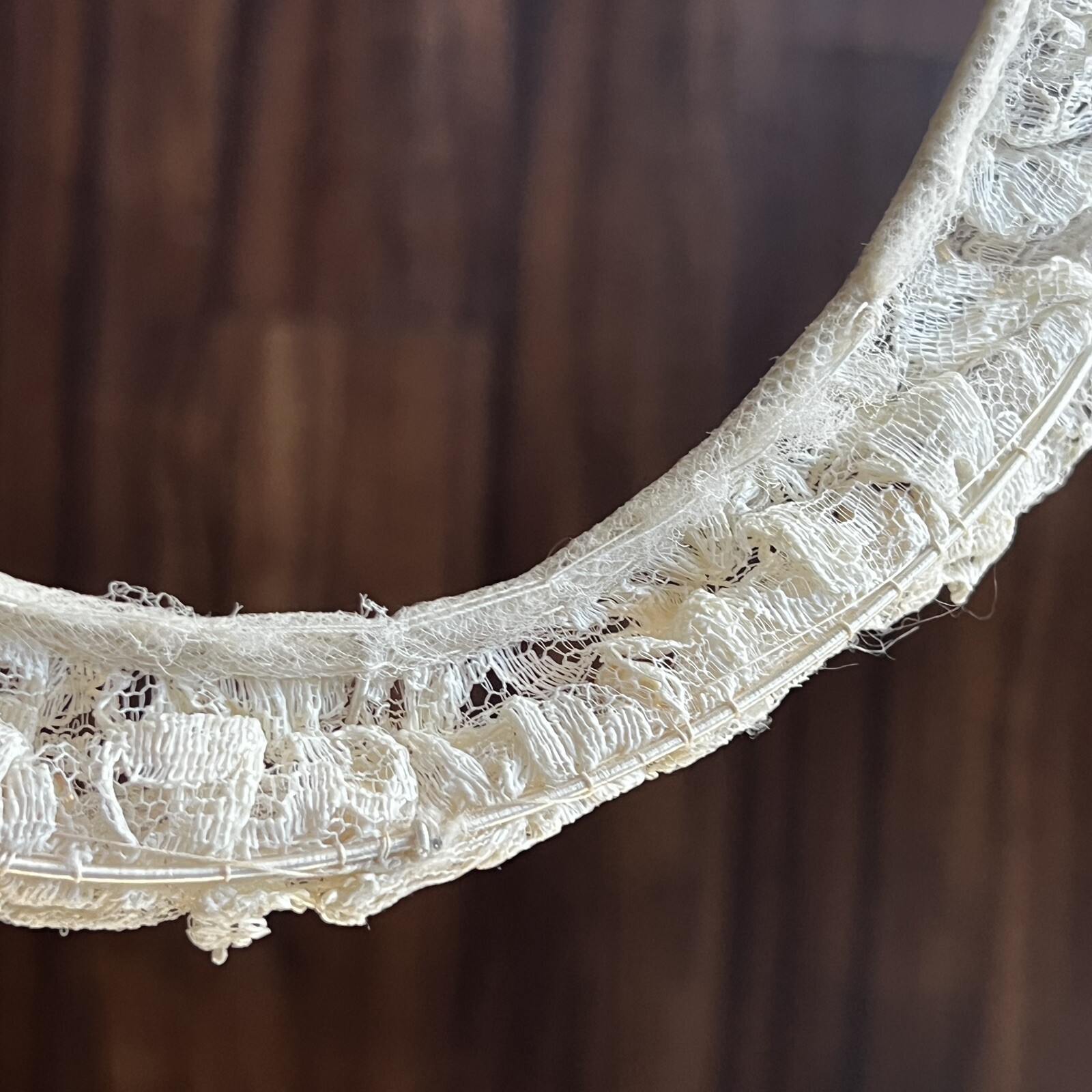 Vintage 1940s Ecru Lace + Pearl Bridal Halo Art Deco Headpiece Crescent Crown