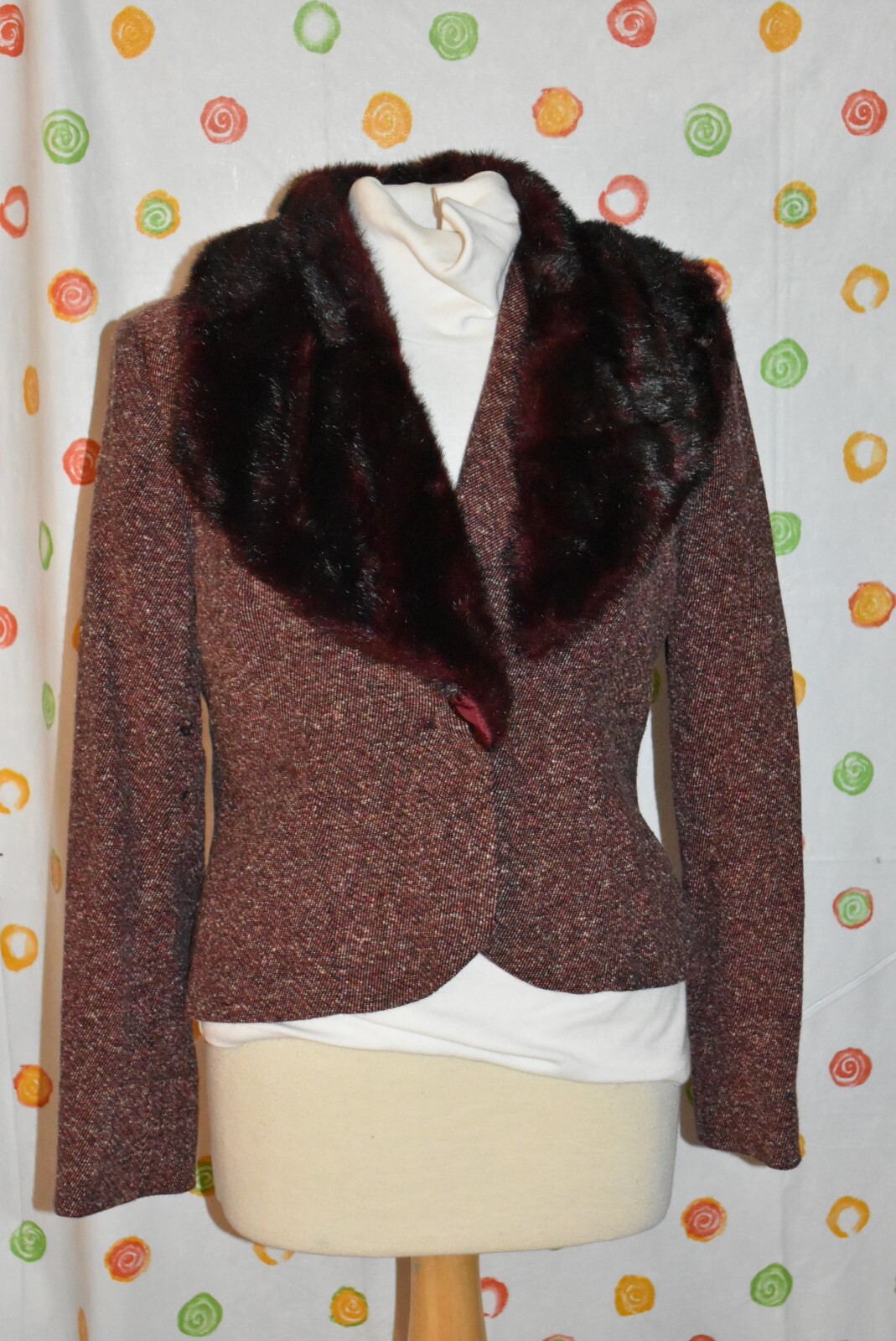 Vintage 1990’s APT 9 Burgandy tweed fur collar WOMENS 8 DRESS JACKET BLAZER EUC
