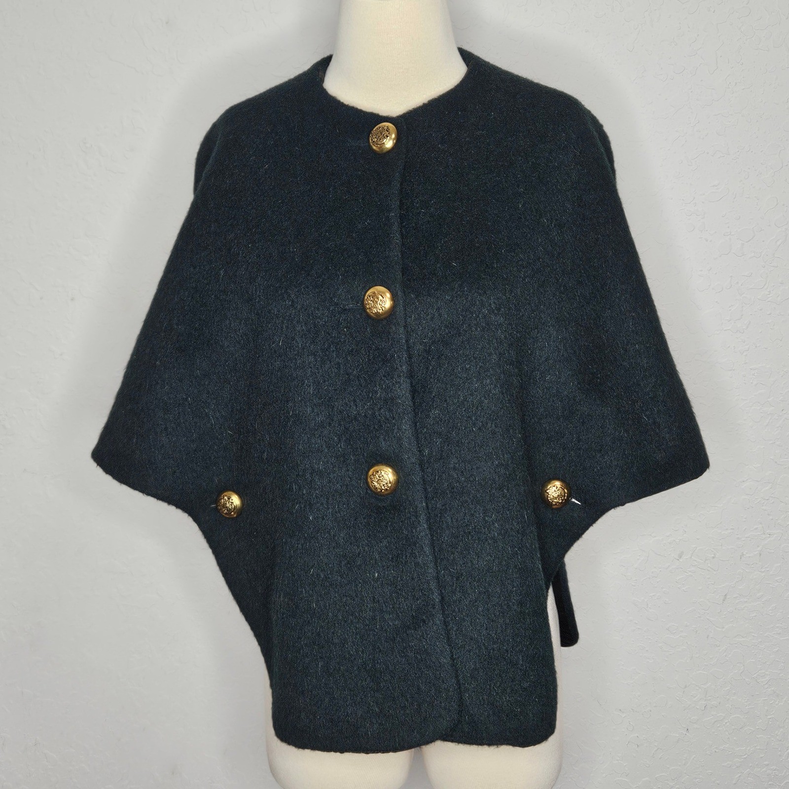 Vintage King Of The Ponchos Wool Cape Dark Green Jacket Gold Crest Buttons