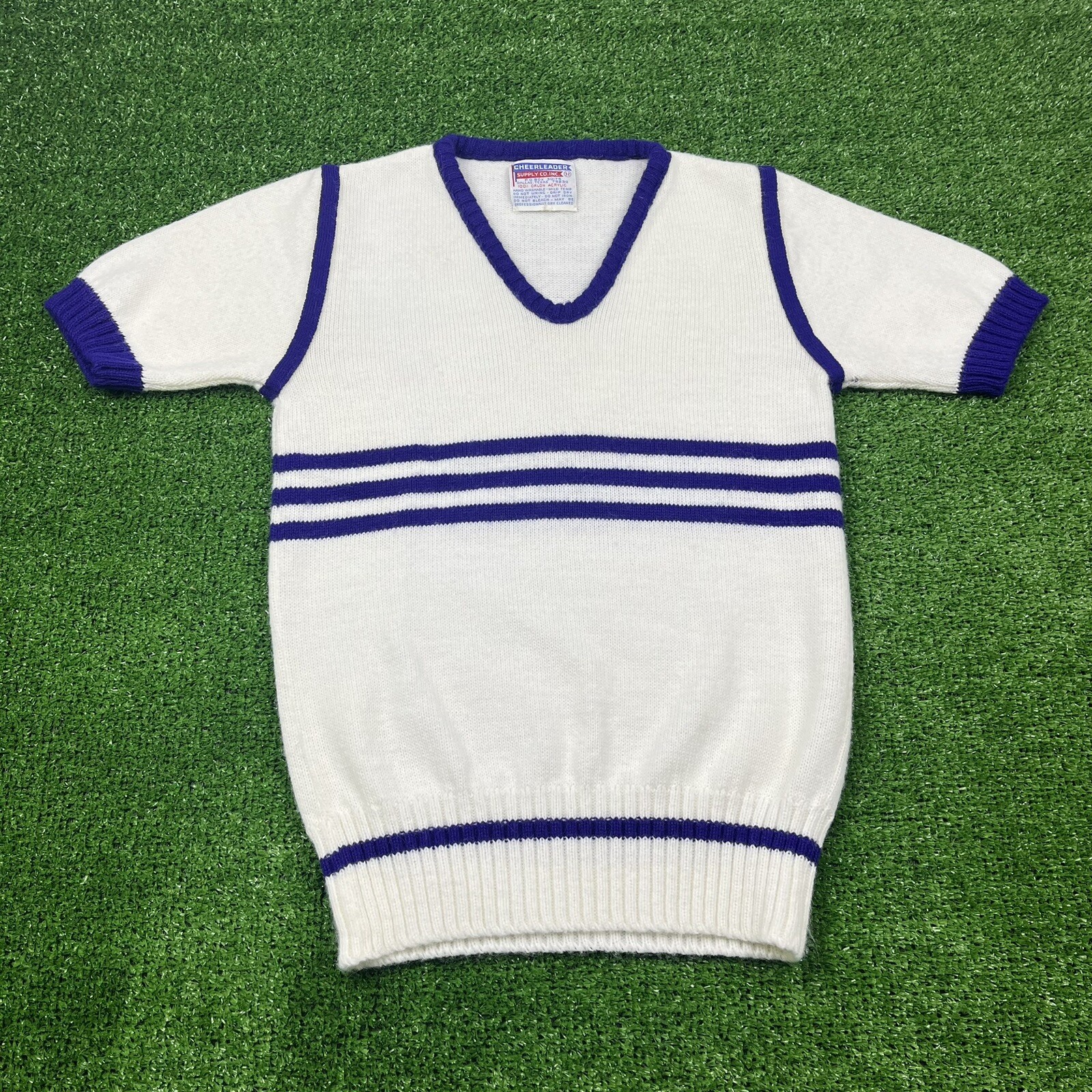 Vintage 60s Cheerleader Supply Co. INC. White & Purple V Neck Sweater Women’s 32