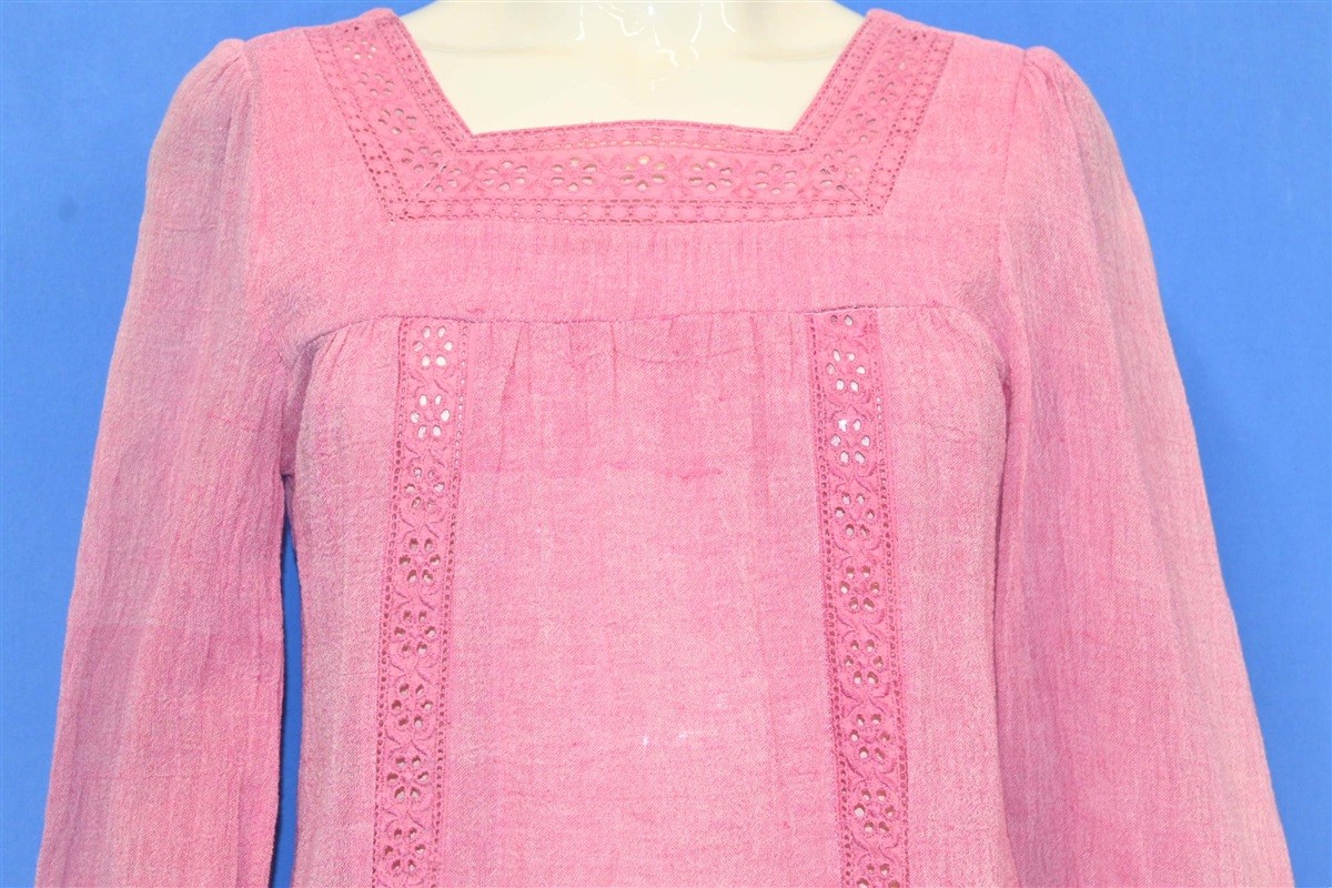 vtg 70s SAN FRANCISO SHIRT WORKS PINK SQUARE NECK WOMEN’S PEASANT SHIRT SMALL S
