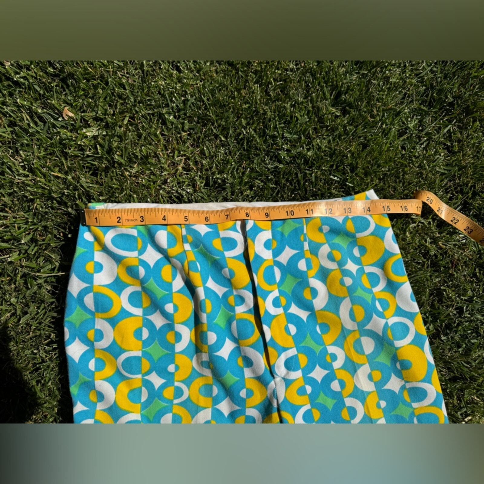 60s Vintage Green White and Blue Geometric Circle Print Kick Flares