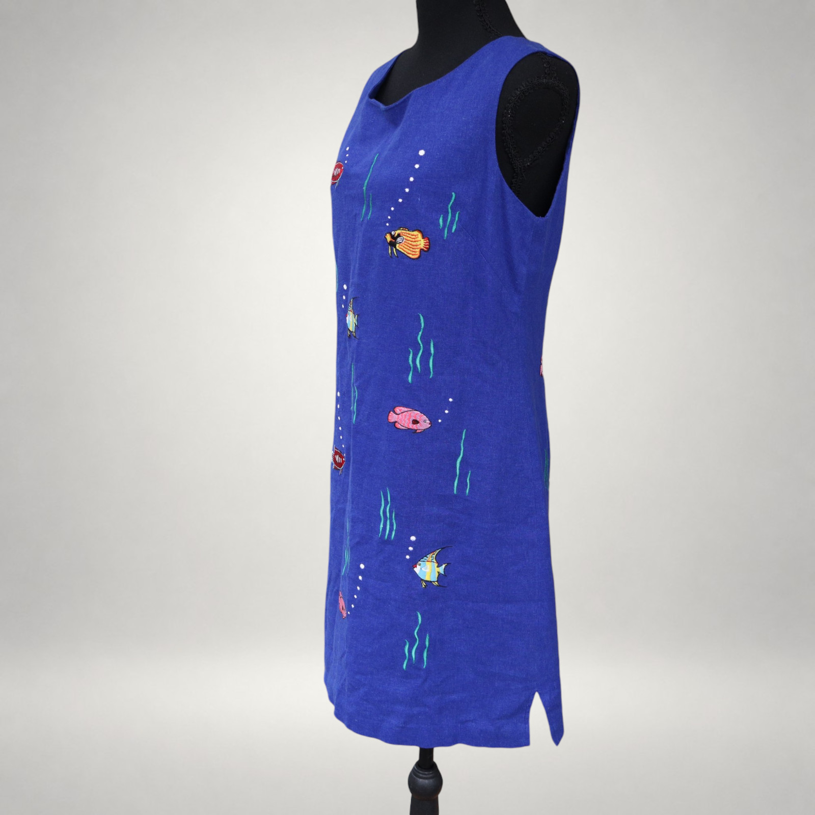 Vintage Ultra Dress Fish Embroidered Linen Rayon Shift Dress Blue Women’s Size 8