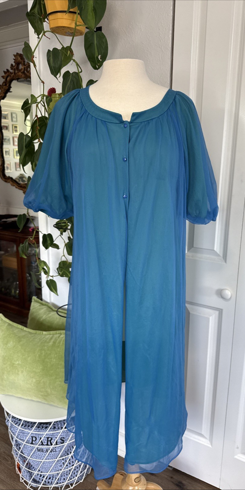 Vintage 1970s Sheer Chiffon Dress Teal Blue Flowy Hostess Duster Dress Robe
