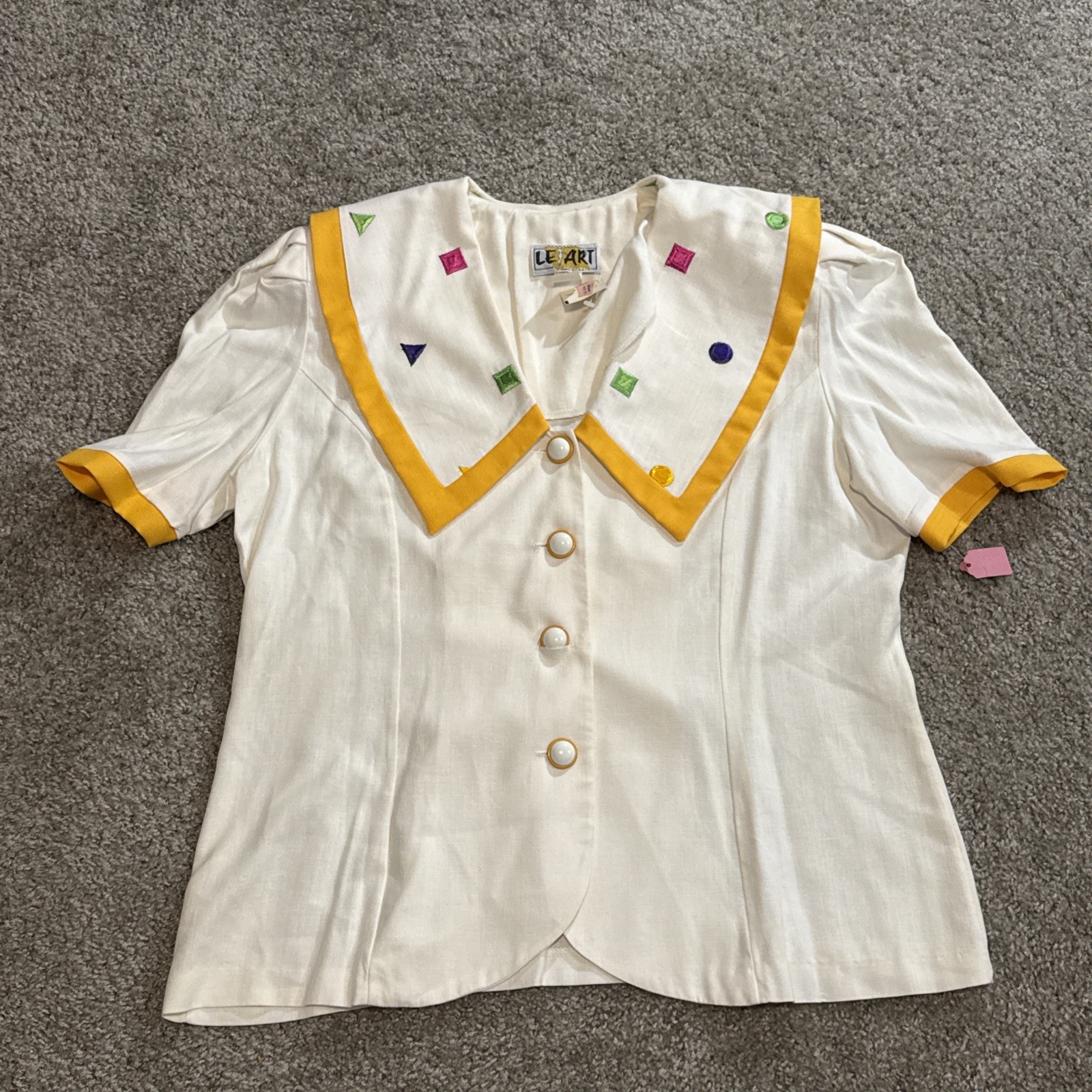 Vintage 70s Le Art Women’s White Yellow Blazer Skirt Work Suit New Old Stock NWT