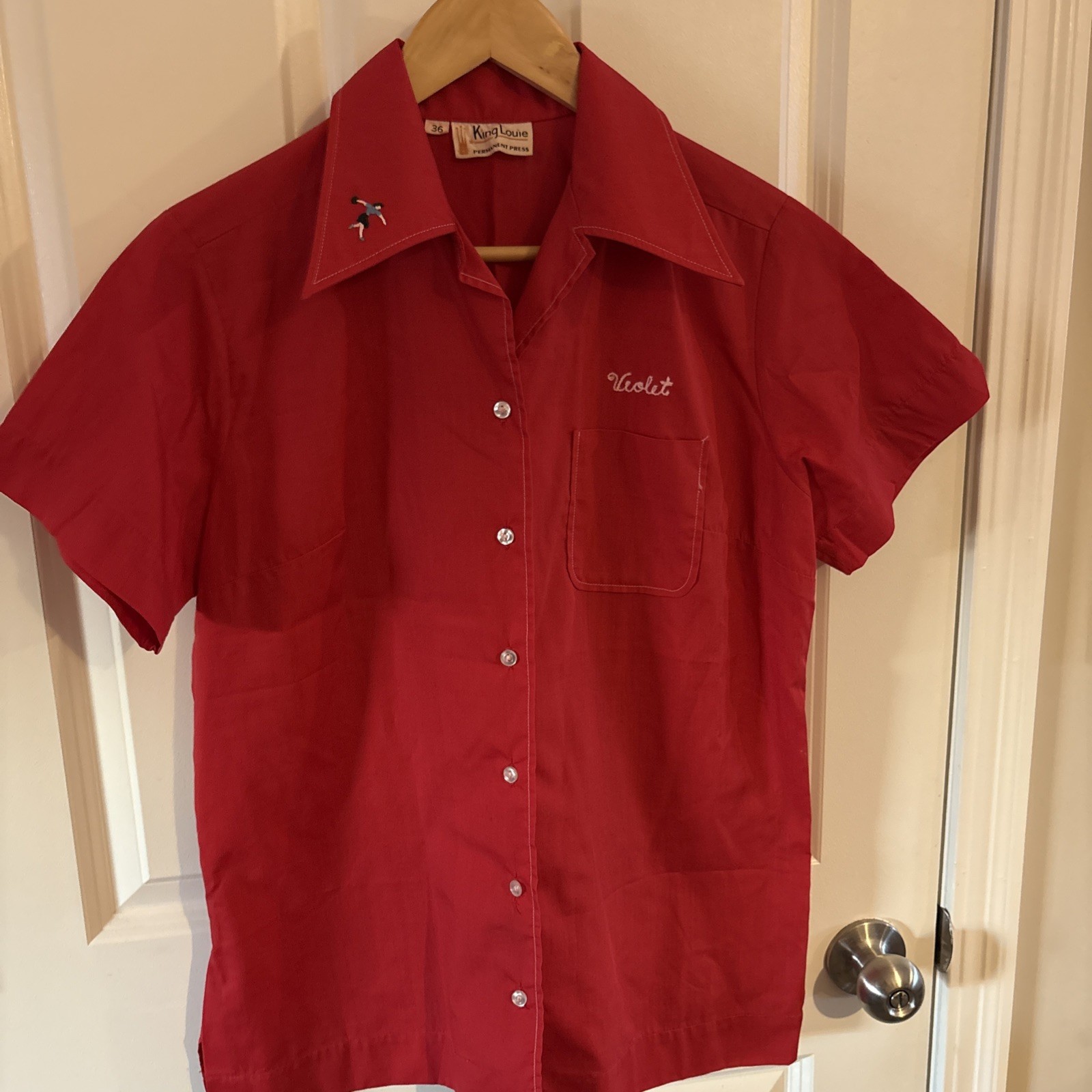 Vintage King Louie Red Bowling Shirt Stitch Woolco “violet” So Adorable #371A