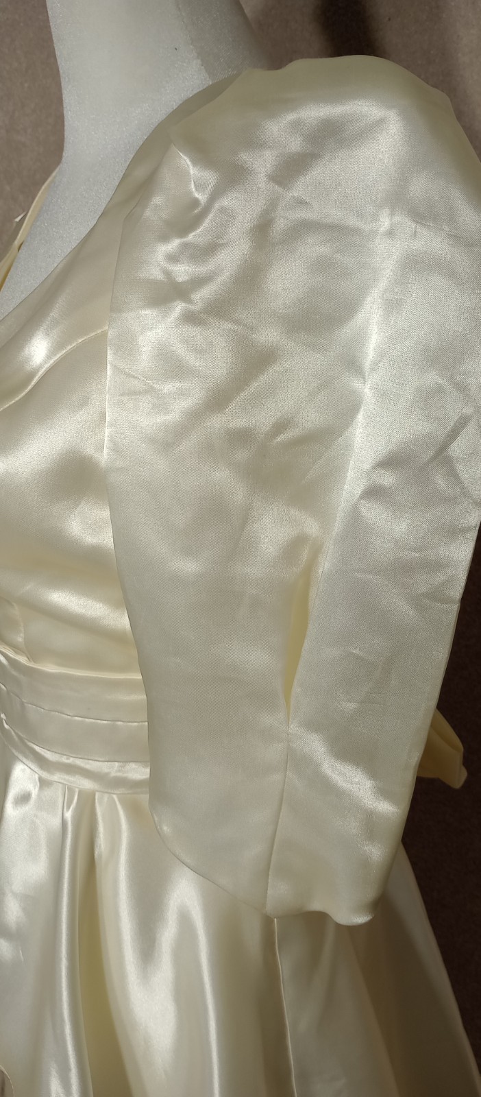 Vtg 80s Nu-Mode Satin Peplum Tea Length Wedding Dress Bow Open Back Size 5 / 6