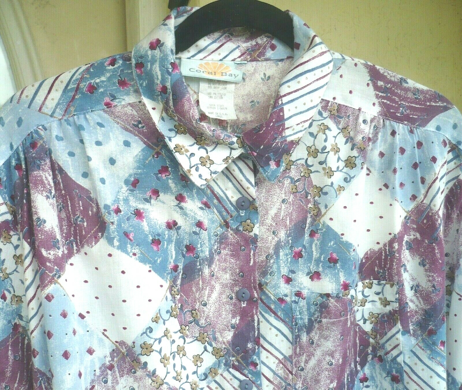 VTG CORAL BAY 80 90S BUTTON UP COTTON FLORAL PATCHWORK PRINT XL L TAB SHIRT LADY