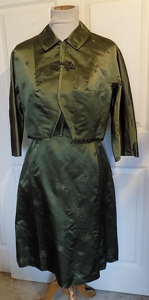 Vintage 60s Olive Green Satin Brocade Dress Jacket Set Hong Kong B40 ***