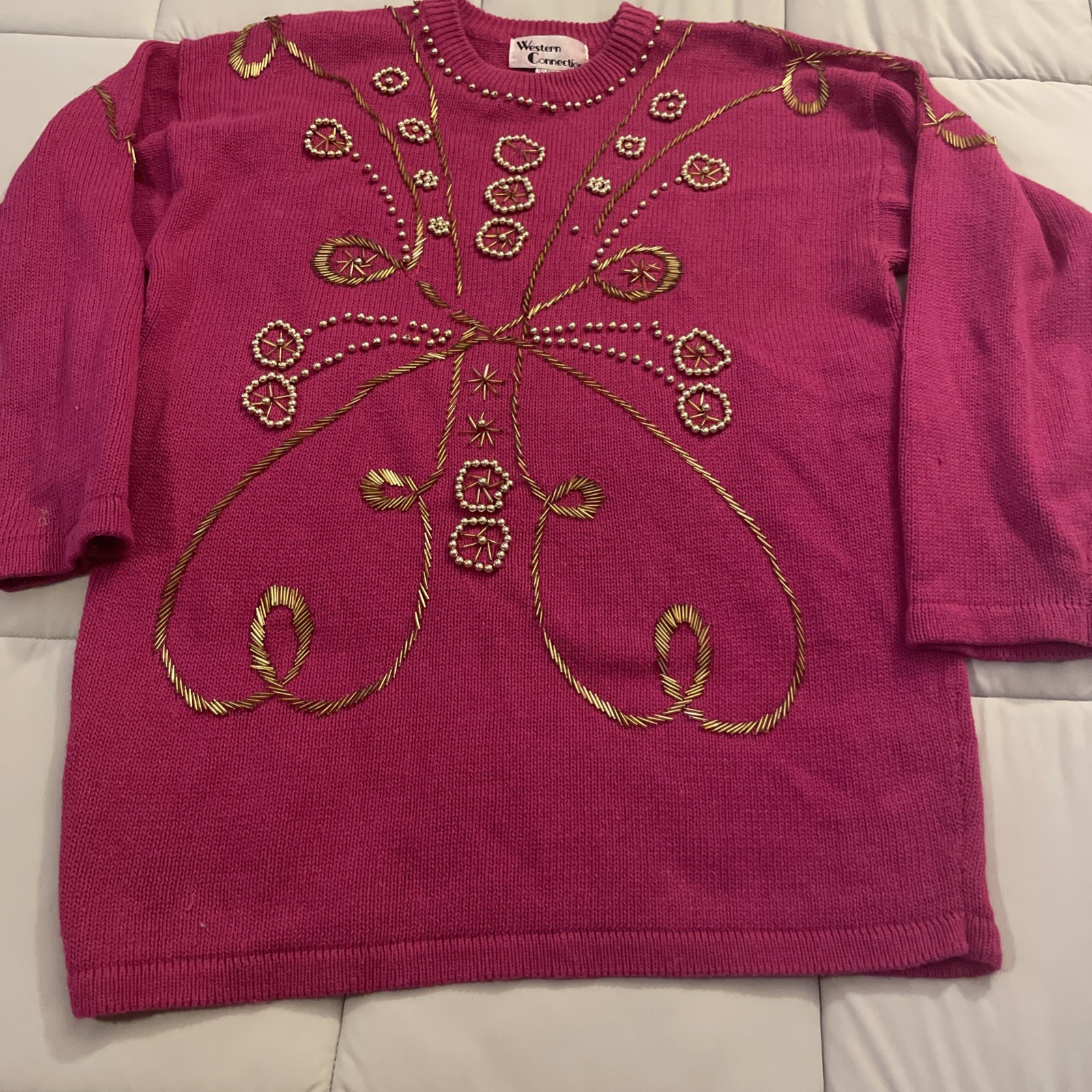 Vintage Raspberry Burgundy Knit Sweater Gold Bead Accents 80s 90s Grandma Core