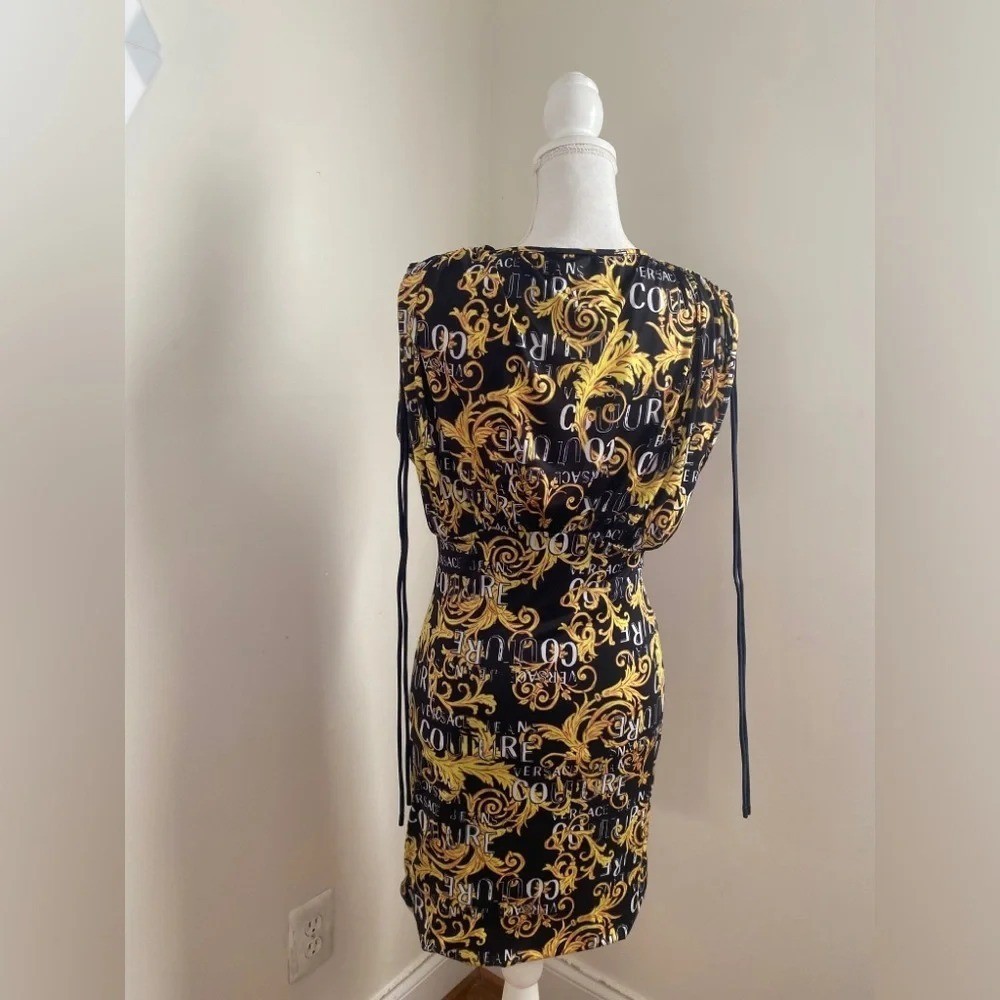 Versace Jeans Couture Logo Print Black and Gold Mini Dress Size 8