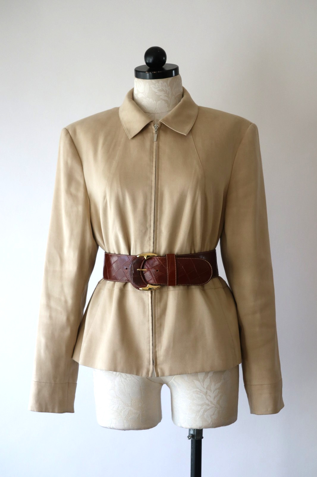Vintage 2000s Beige Plush Faux Suede Leather Zipper Front Boxy Jacket Women 12