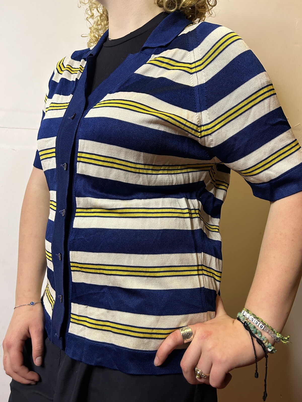 Vintage Australian 70s David Keys Connie Style Cardigan Blue Striped Knit AU 14