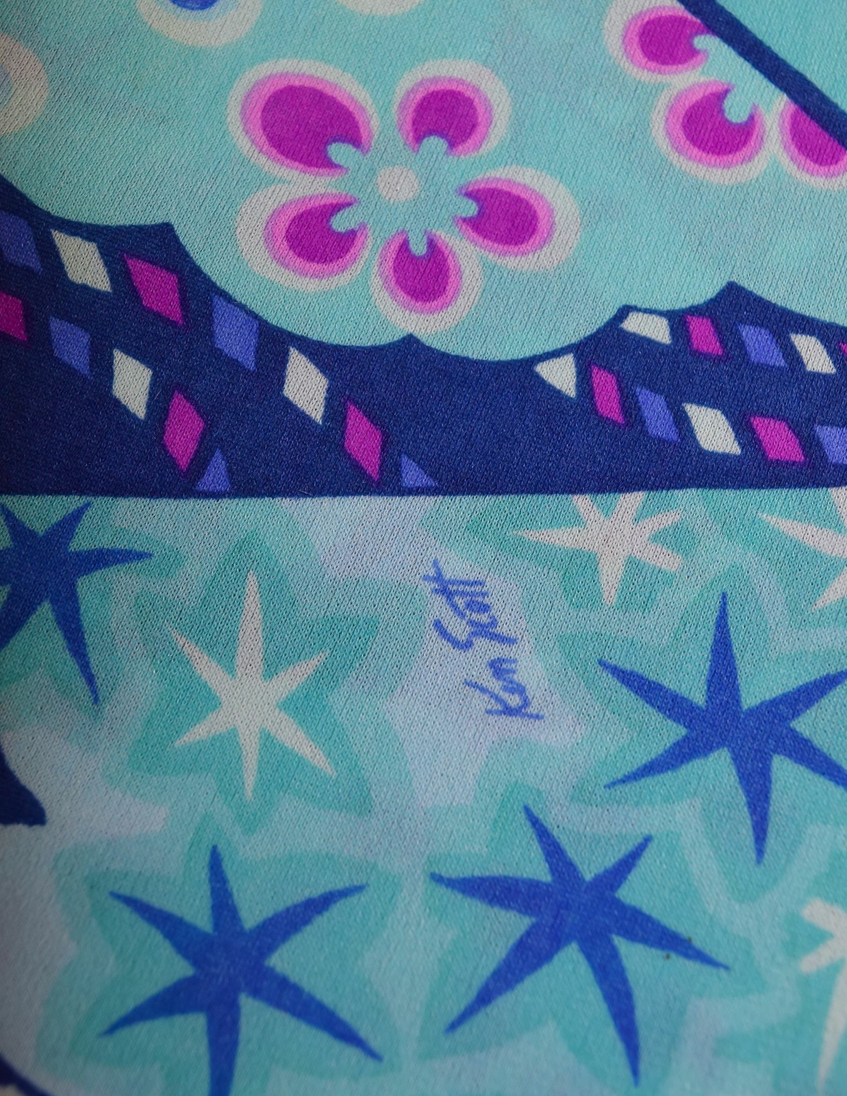 Ken Scott Vintage 1970s Blue Purple Seafoam Aqua Floral Star Print Shirt Dress