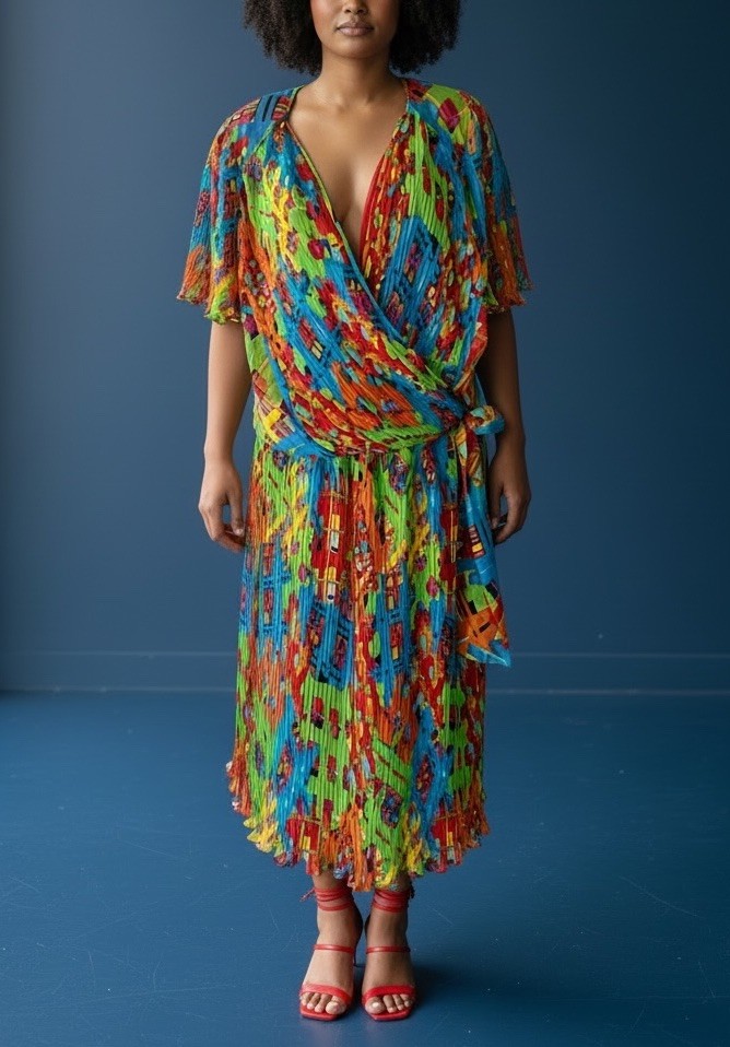 Vtg 80s Diane Freis Colorful Print Skirt Set Fits L/XL Micro Pleated Maximalism