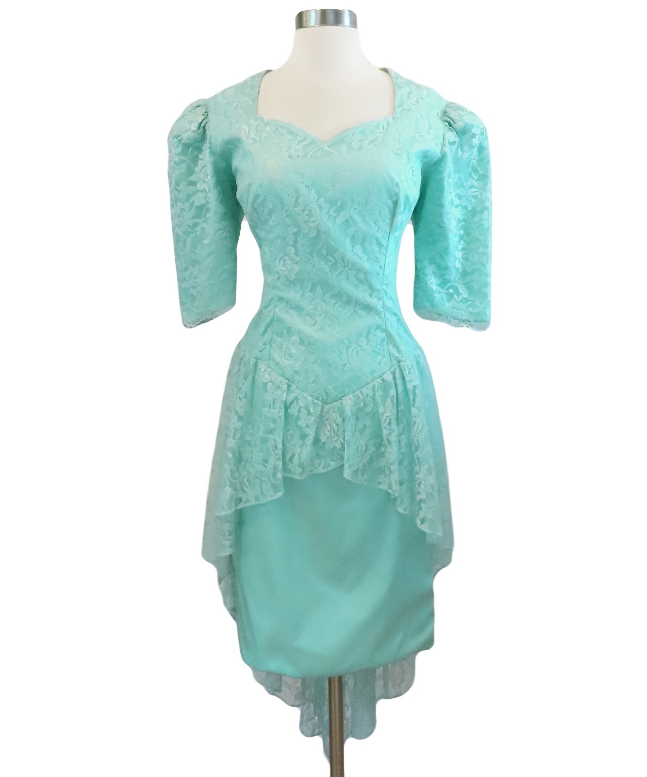 Vintage 80s Blue Green Seafoam Lace Peplum Sheath Cocktail Party Prom Dress L XL