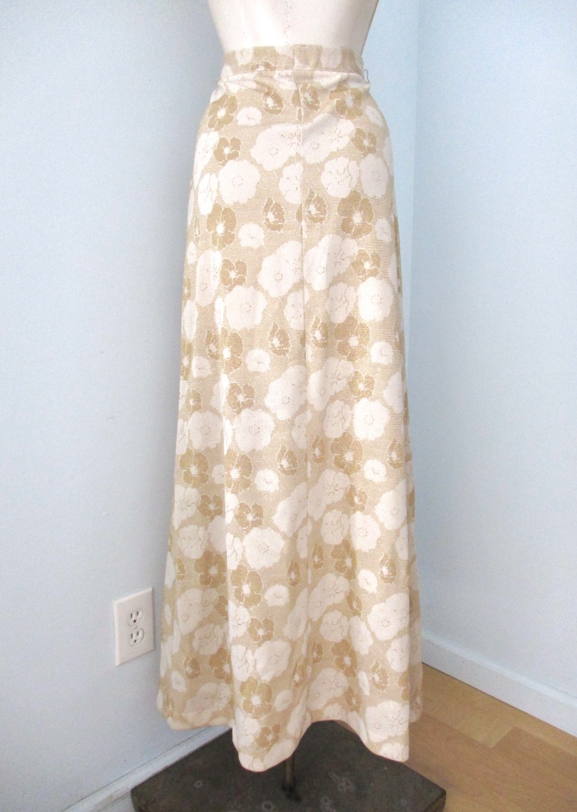 Vtg 70s sparkly metallic glitter gold floral maxi disco hostess skirt 11 / 12