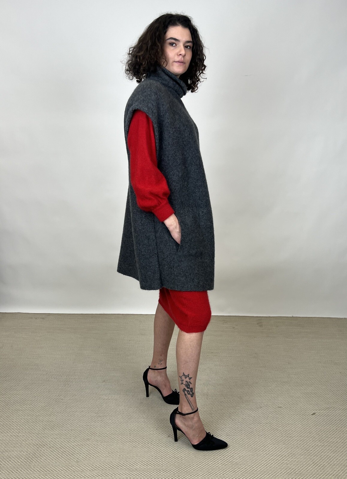 Vintage 1980s Karl Lagerfeld for Chloe Sweater Dress & Poncho Red Gray Designer