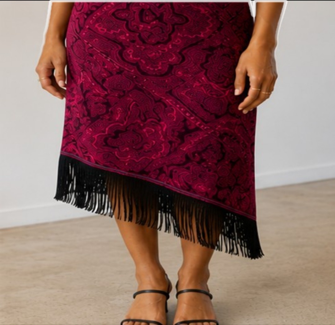 Vintage 90s Dawn Joy Velvet Paisley Slip Dress Asymmetric Fringe Whimsigoth 3/4
